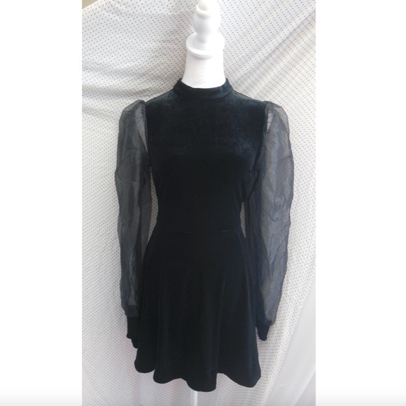 NEW ASTR Black VELVET High Neck SHEER Puff Sleeve COCKTAIL Mini DRESS S - Picture 7 of 16